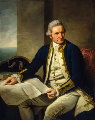 Retrato oficial do capitão James Cook, que desembarcou pela primeira vez na Austrália em 1770, em Botany Bay (costa leste, perto de Sydney, na Nova Gales do Sul) <span class="creditofoto">Foto National Maritime Museum (Greenwich, Reino Unido)</span>