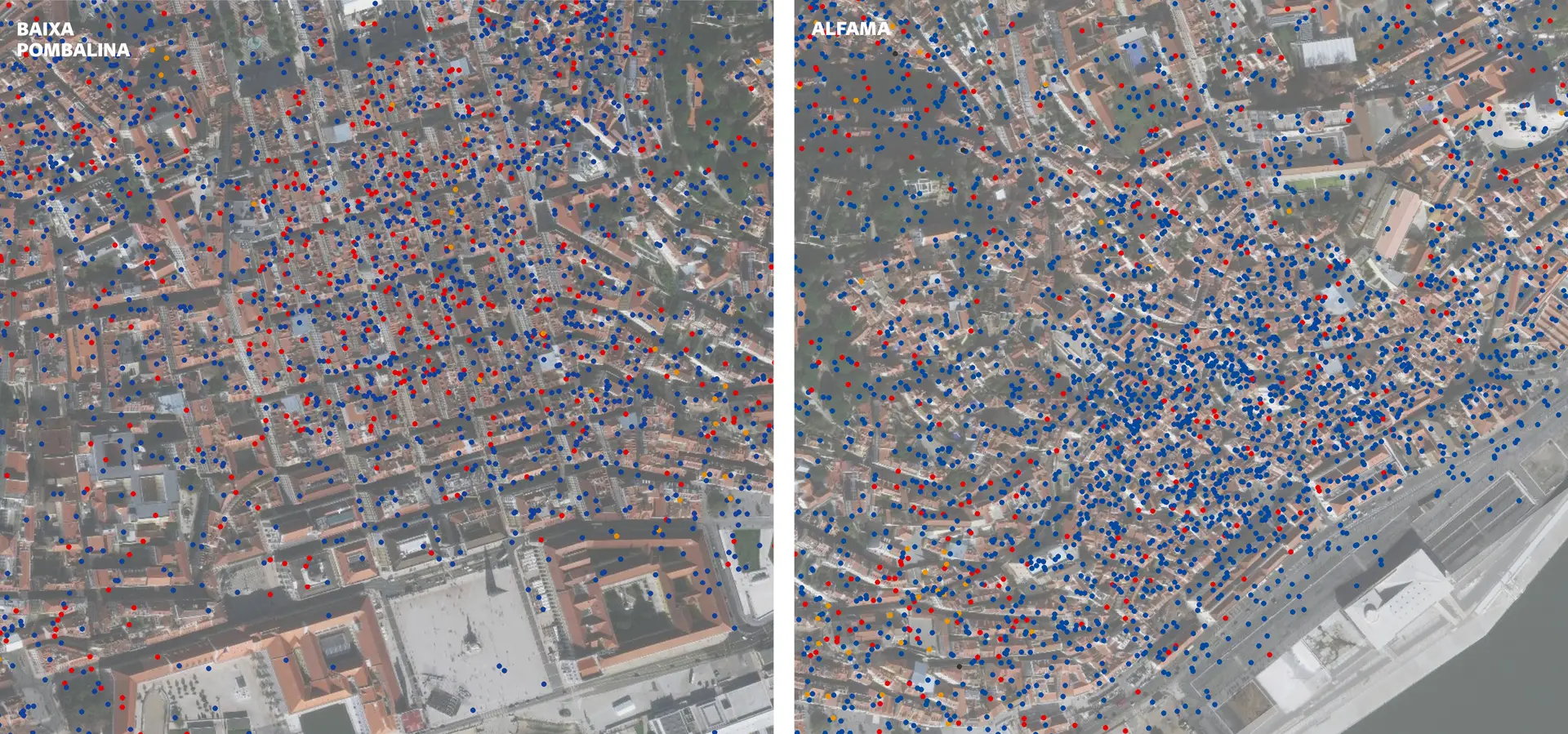 IMAGENS Cortesia Fernandes J., Carvalho A., Chamusca P., Gago A. e Mendes T. (2019), “Lisboa e a Airbnb”. A azul está a localização aproximada das casas ou apartamentos inteiros listados na Airbnb, a vermelho os quartos privados e a amarelo os quartos partilhados