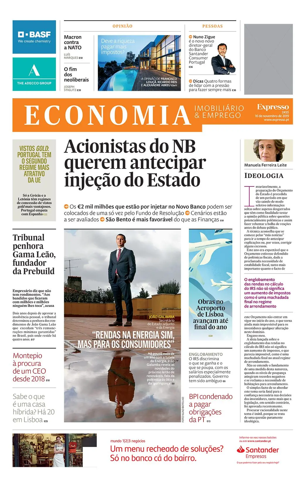 A 1ª página do Expresso Economia