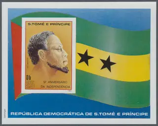 Postal do quinto aniversário da independência da República de São Tomé e Príncipe com a efígie imaginada de Amador