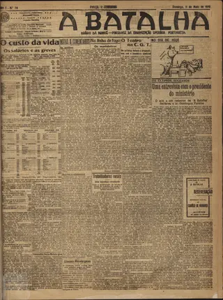 O custo de vida e as greves dominam a primeira página do diário “A Batalha” publicado a 11 de maio de 1919 <span class="creditofoto"> Imagem BNP</span>