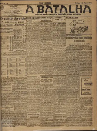 O custo de vida e as greves dominam a primeira página do diário “A Batalha” publicado a 11 de maio de 1919 <span class="creditofoto"> Imagem BNP</span>