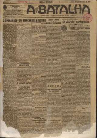 Primeira página do 1º número do diário “A Batalha”, publicado a 23 de fevereiro de 1919 <span class="creditofoto"> Imagem BNP</span>