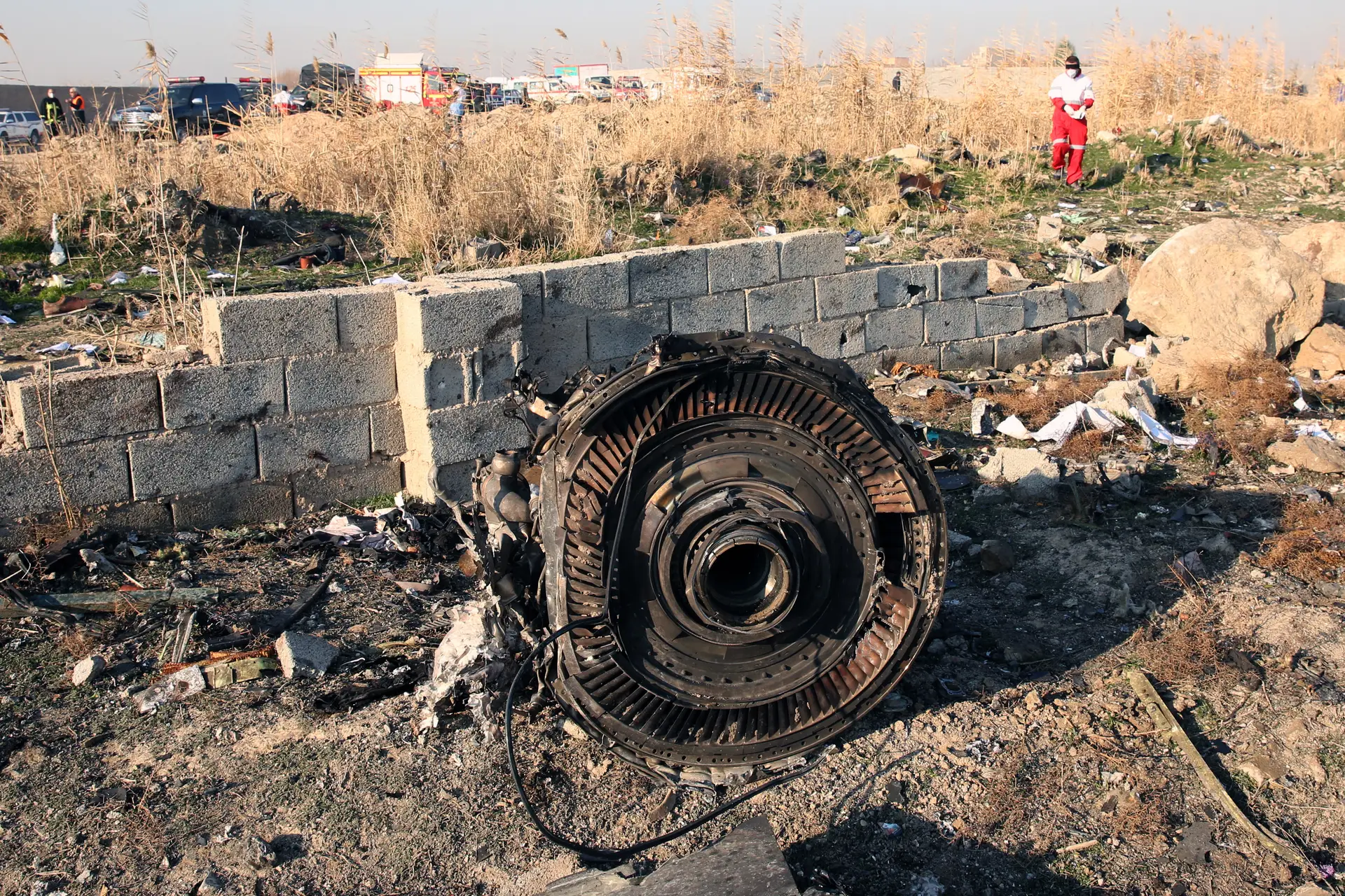 Um dos motores do avião está entre os destroços, após a queda de um Boeing 737-800 da Ukraine International Airlines perto do Aeroporto Imam Khomeini, em Teerão. O colapso matou os 176 ocupantes da aeronave