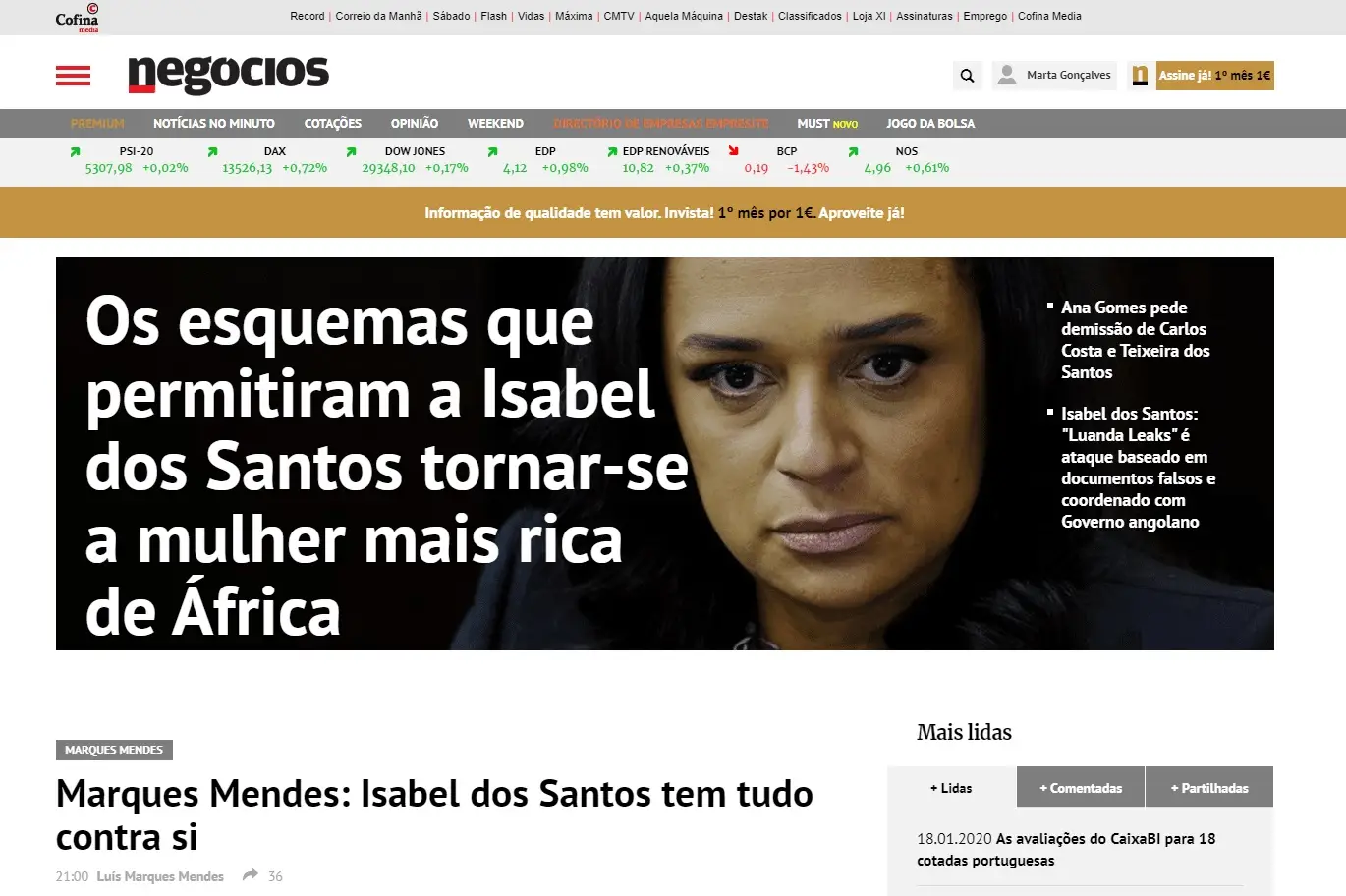 “Os esquemas que permitiram a Isabel dos Santos tornar-se a mulher mais rica de África” e outros títulos nacionais sobre o Luanda Leaks
