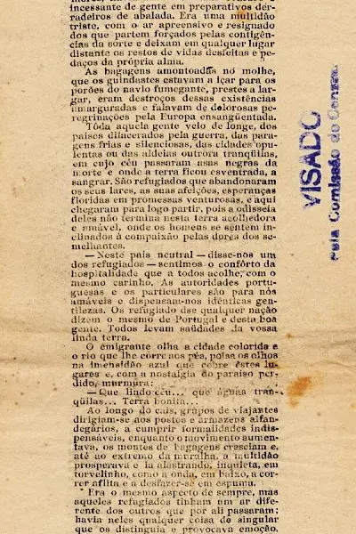 Primeira página da primeira prova do artigo “Gente sem Lar” foi carimbada pela censura a 19 de janeiro de 1941. Os cortes são inúmeros. A segunda prova foi carimbada quatro dias mais tarde <span class="creditofoto">Arquivo Histórico Diplomático do MNE</span>