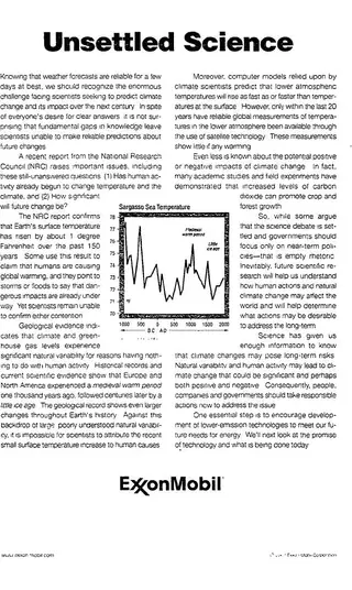 “Unsettled Science”, um anúncio da petrolífera Exxon Mobil publicado no “New York Times” em março de 2000