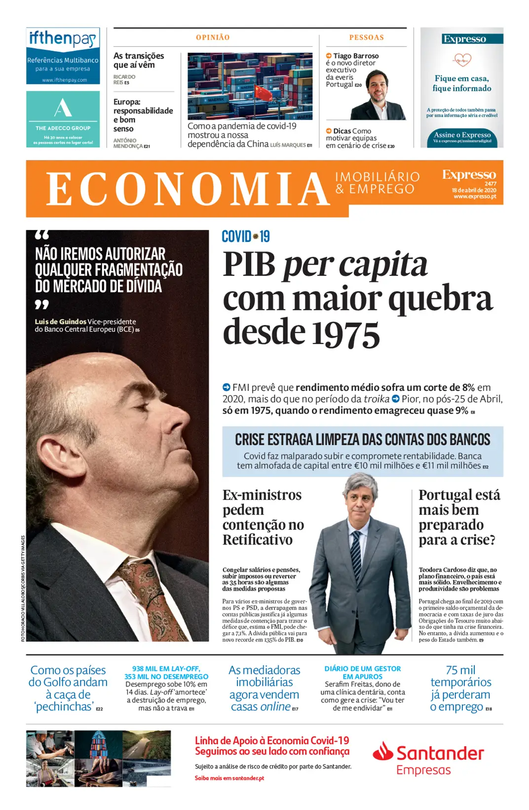 A 1ª página do Expresso Economia