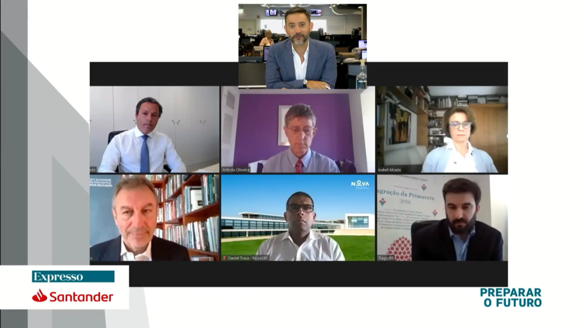 Rodrigo Pratas (no topo) moderou uma conversa que contou com (de cima para baixo, da esquerda para a direita) Victor Calado, Arlindo Oliveira, Isabel Alçada, Nuno Crato, Daniel Traça e Tiago Brandão Rodrigues