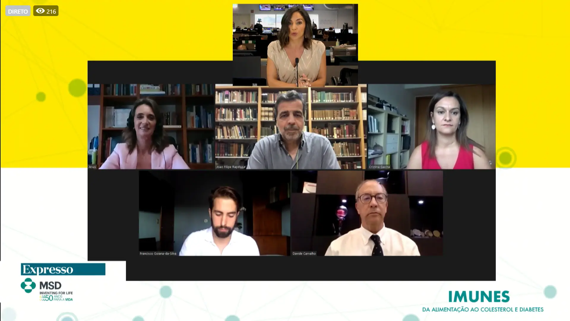 A jornalista da SIC Notícias, Rita Neves (no topo), moderou uma conversa que contou com (de cima para baixo no sentido dos ponteiros do relógio) Paula Martins de Jesus, João Filipe Raposo, Cristina Gavina, Davide Carvalho e Francisco Goiana da Silva
