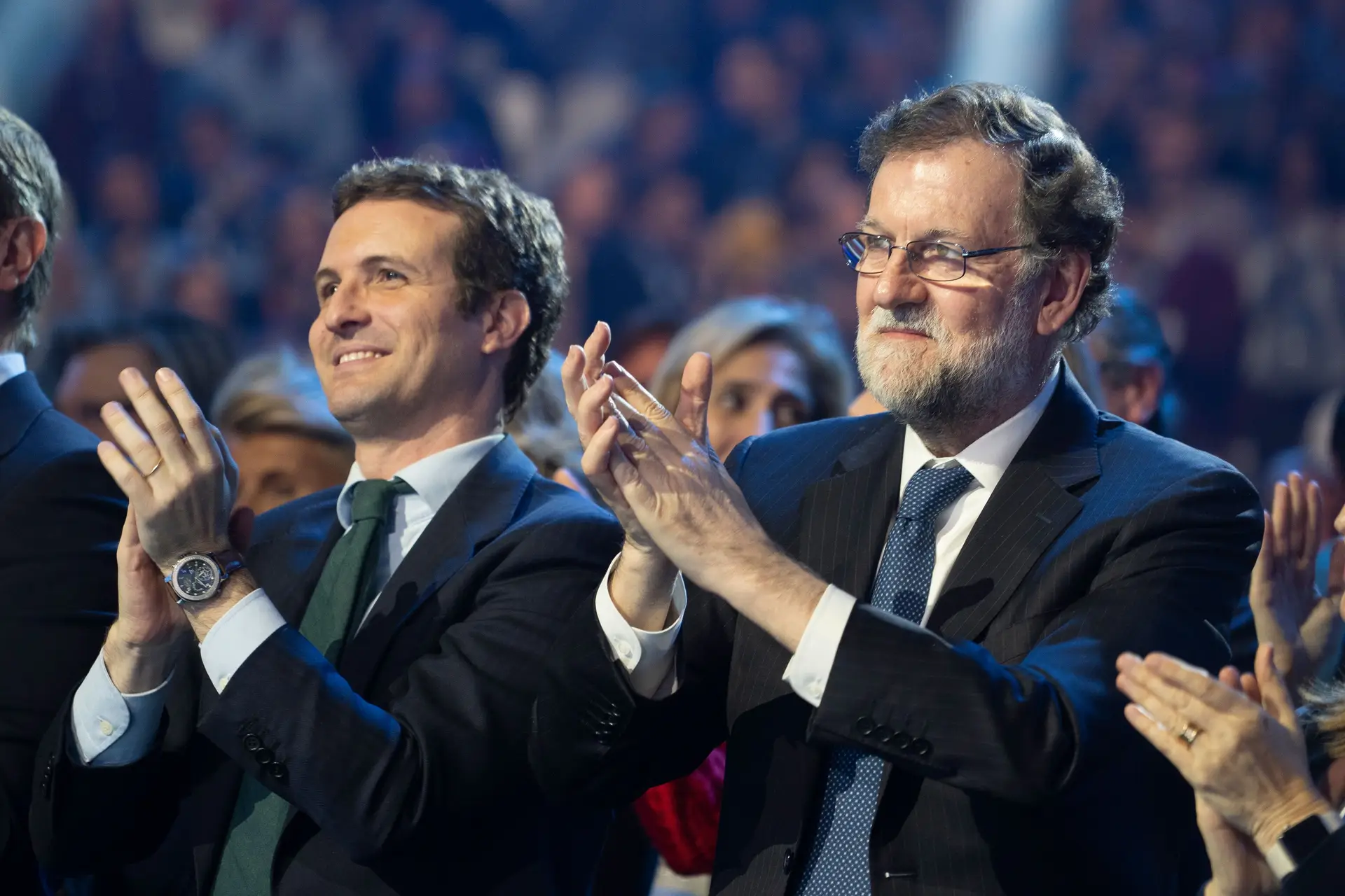 Casado e Rajoy na conveção do Partido Popular de 2018, que consagrou aquele como sucessor deste