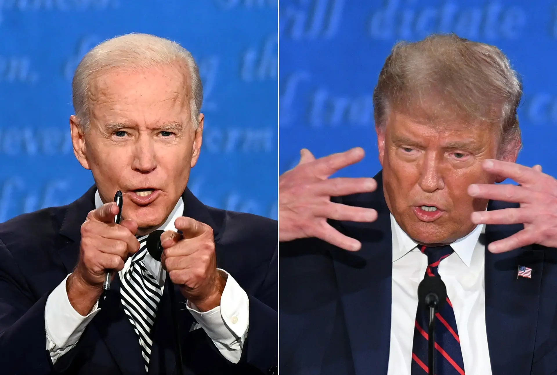 Instantâneos de Joe Biden e Donald Trump durante o primeiro debate da campanha presidencial de 2020  Jim WATSON and SAUL LOEB / AFP) (Photo by JIM WATSON,SAUL LOEB)