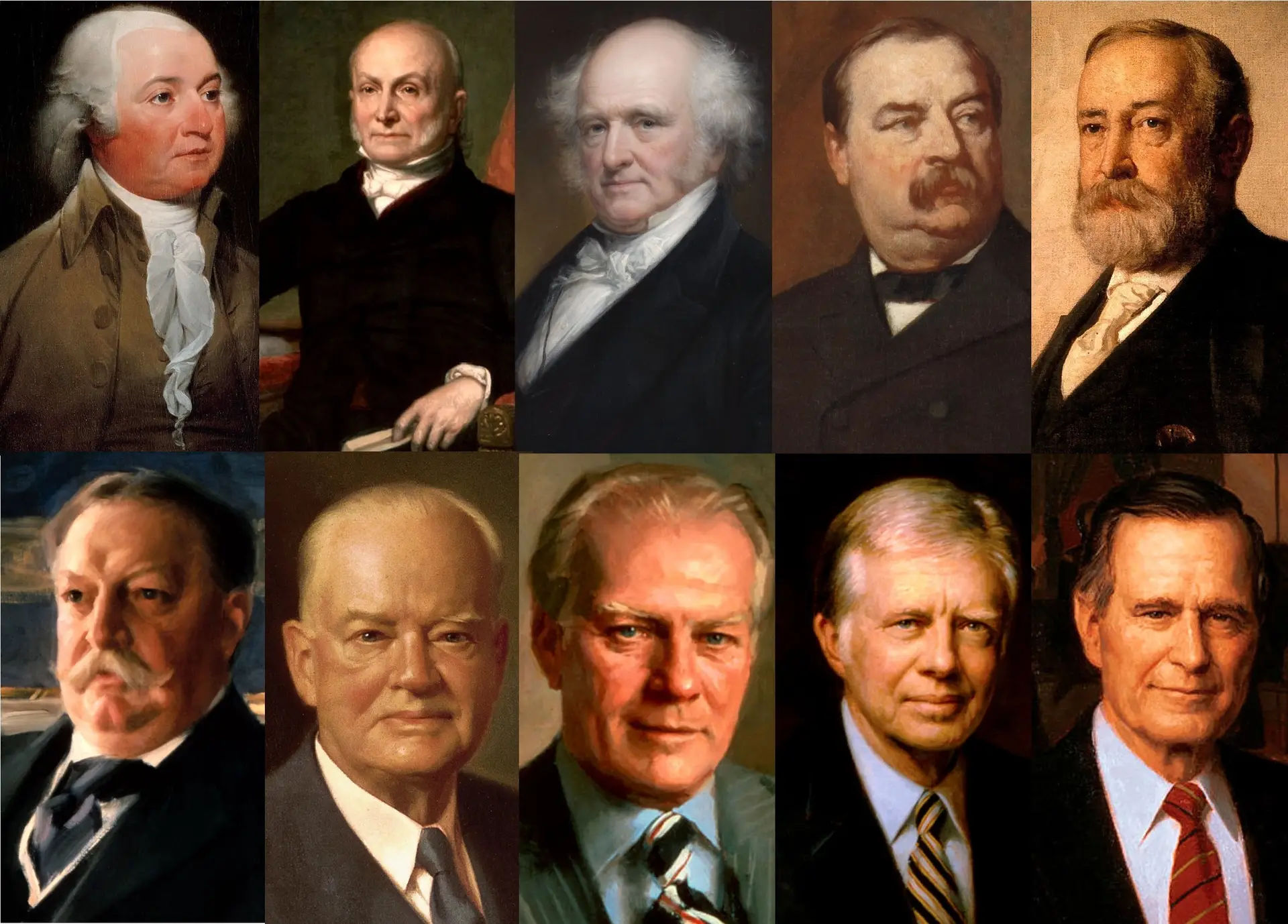 Da esquerda para a direita e de cima para baixo, os presidentes dos EUA que perderam as eleições a que se recandidataram: John Adams, John Quincy Adams, Martin van Buren, Grover Cleveland, Benjamin Harrison, William Howard Taft, Herbert Hoover, Gerald Ford, James Carter e George H.W. Bush