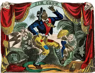  <span class="arranque"><span style="color:#8b8a7b">Segregação</span></span> O termo Jim Crow terá sido inspirado numa então popular caricatura de um negro retratado como um folião. A Lei Jim Crow passou a ser o nome das normas segregacionistas que perduraram por mais um século depois da derrota dos confederados na Guerra Civil americana. Na imagem, um retrato do ator Thomas Rice, que interpretava personagens negros