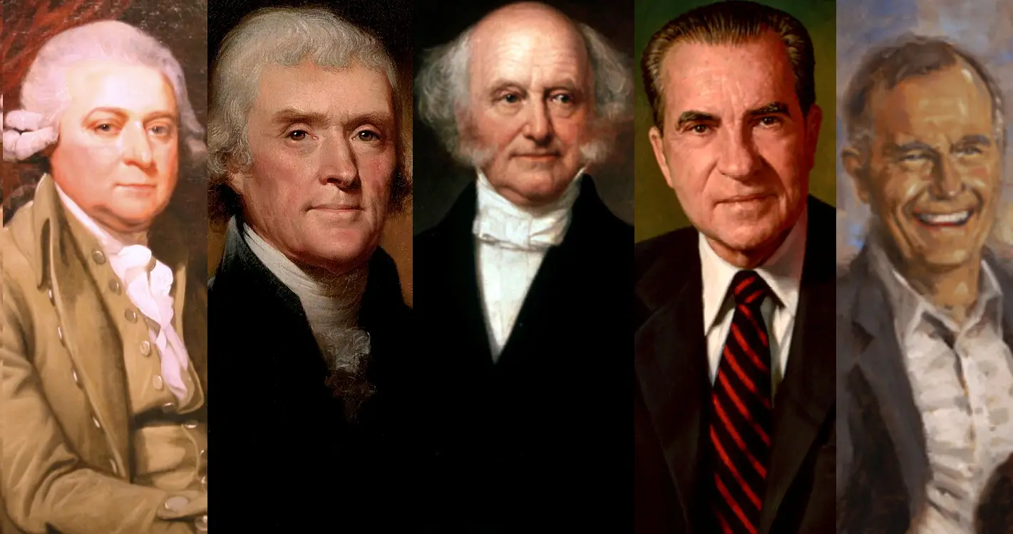 Os vice-presidentes dos Estados Unidos da América que ascenderam a Presidente através de eleições: John Adams, Thomas Jefferson, Martin van Buren, Richard Nixon e George H.W. Bush