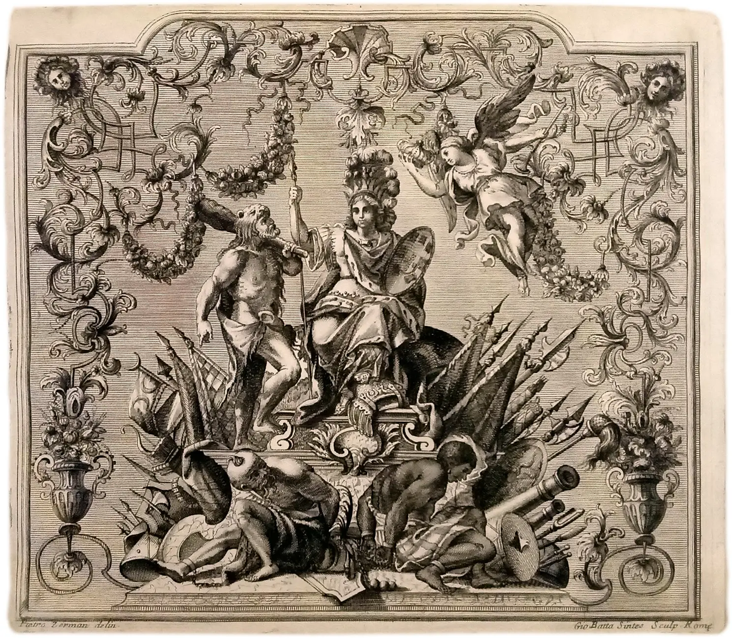 Gravura representando a Lusitânia, com o escudo da coroa de Portugal, tendo a seus pés, agrilhoados, um chinês e um africano. Giovanni Battista Sintes, sobre desenho de Pietro Zerman, “Relation du voyage de Monseigneur André de Mello de Castro a la Cour de Rome” (Paris, 1709). Exemplar da Biblioteca da Casa Cadaval – Condessa D. Teresa Schönborn