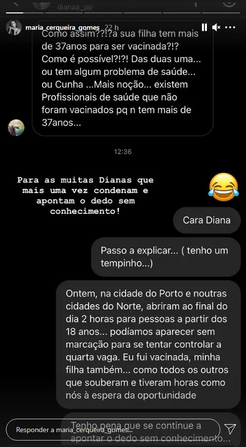 Publicação de Maria Cerqueira Gomes em que explicava como ela e a filha de 18 anos tinham sido vacinadas