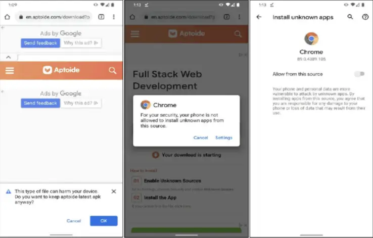 Imagem de alertas de segurança emitidos por serviços da Google quando se tenta descarregar o serviço da Aptoide. A imagem consta no processo lançado pelos 37 estados dos EUA contra a Google