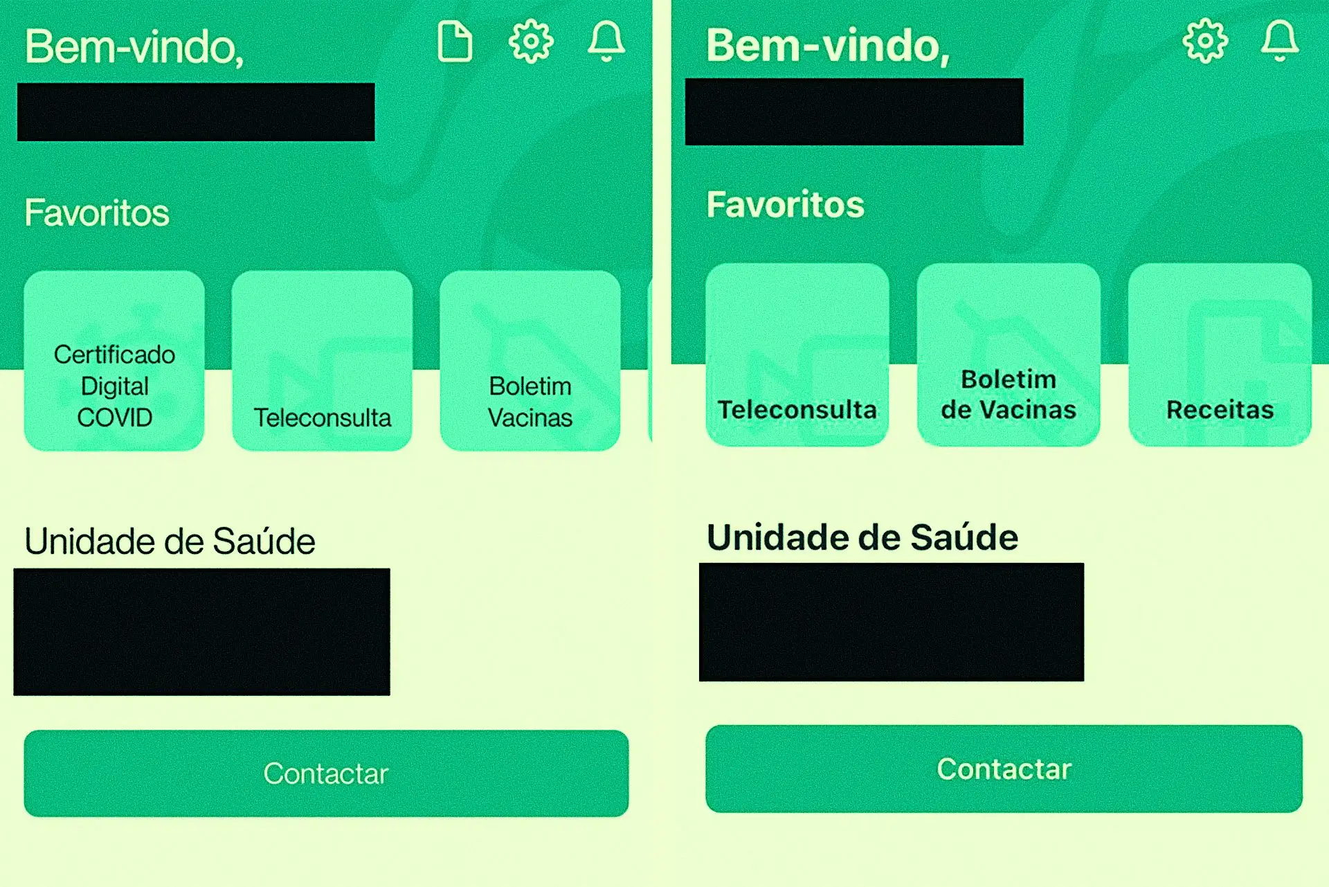 App SNS24 para Android à esquerda (que tem a opção para pedir o certificado), iOS à direita (sem a opção de pedir o certificado)