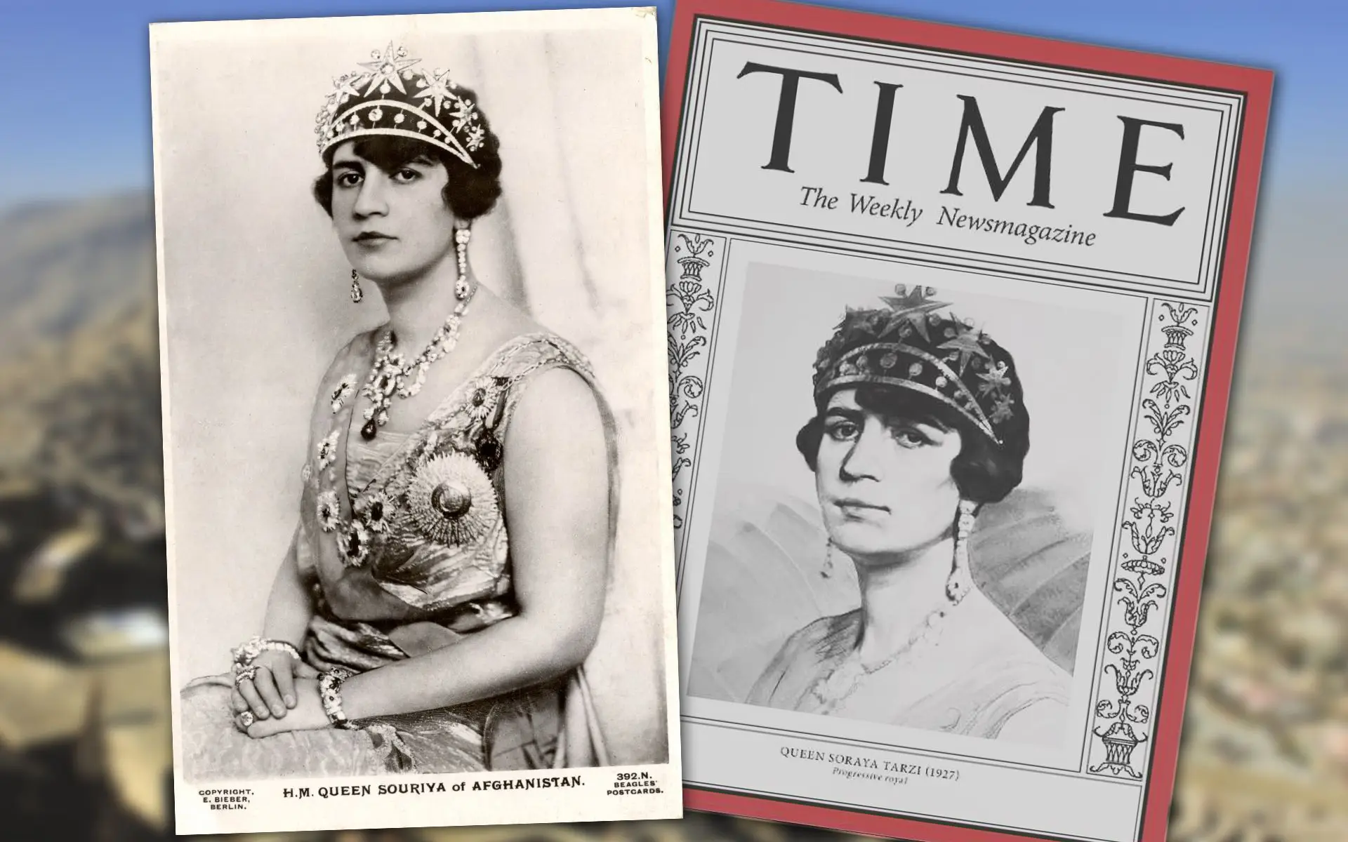 Postal da princesa Soraya Tarzi em 1920 da Rykoff Collection/Getty. Esta imagem 'inspiraria', mais tarde, uma capa da revista "Time", desenhada por Ivan Loginov. A "Time" elegeu Soraya Tariz como a mulher que marcou o ano de 1927