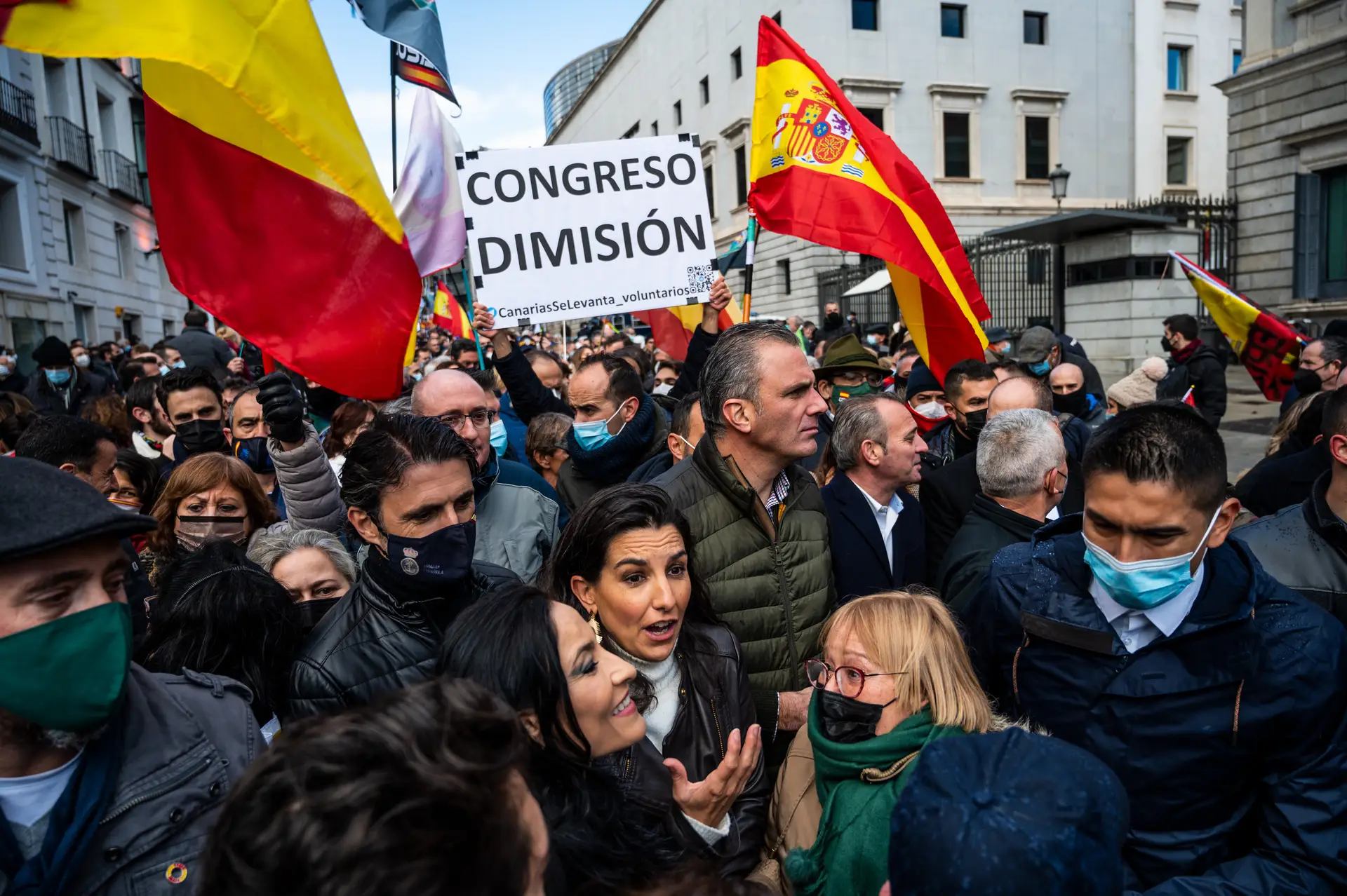 Dirigentes do partido de extrema-direita Vox na manifestação contra a reforma da Lei de Segurança Cidadã, a 27 de novembro em Madrid