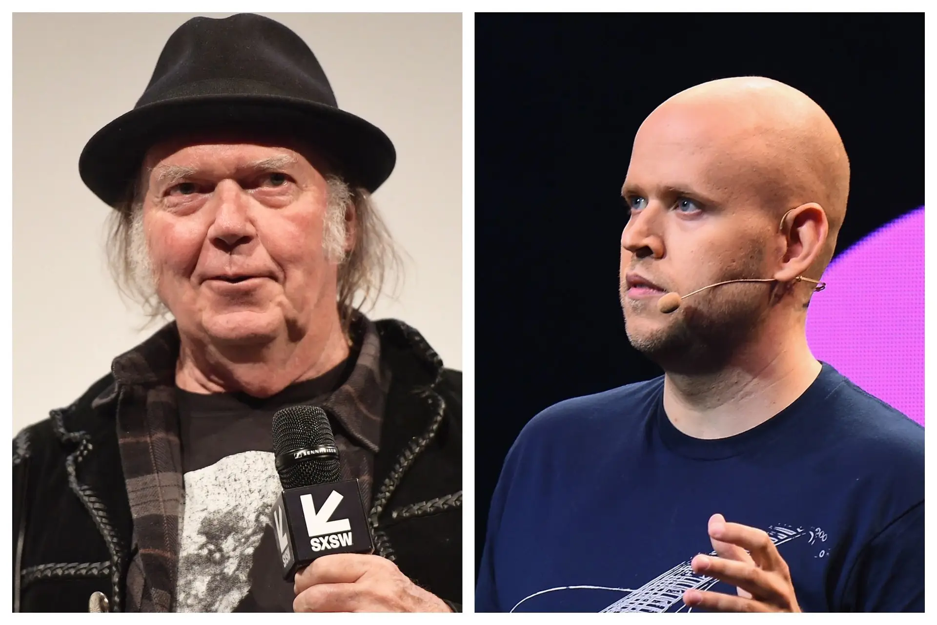 Neil Young e Daniel Ek, do Spotify. Fotos: Getty Images