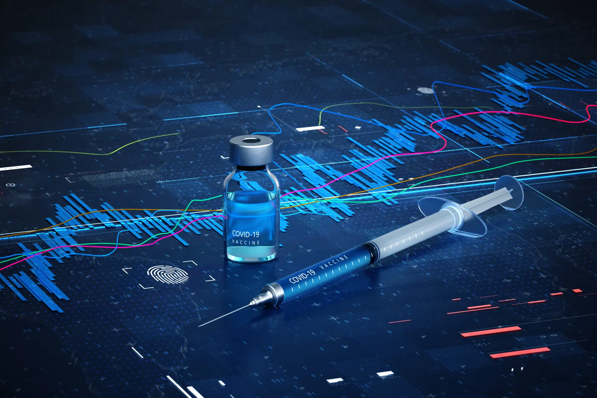 Digital generated image of syringe and bottle with Covid-19 vaccine standing on dark blue data surface.