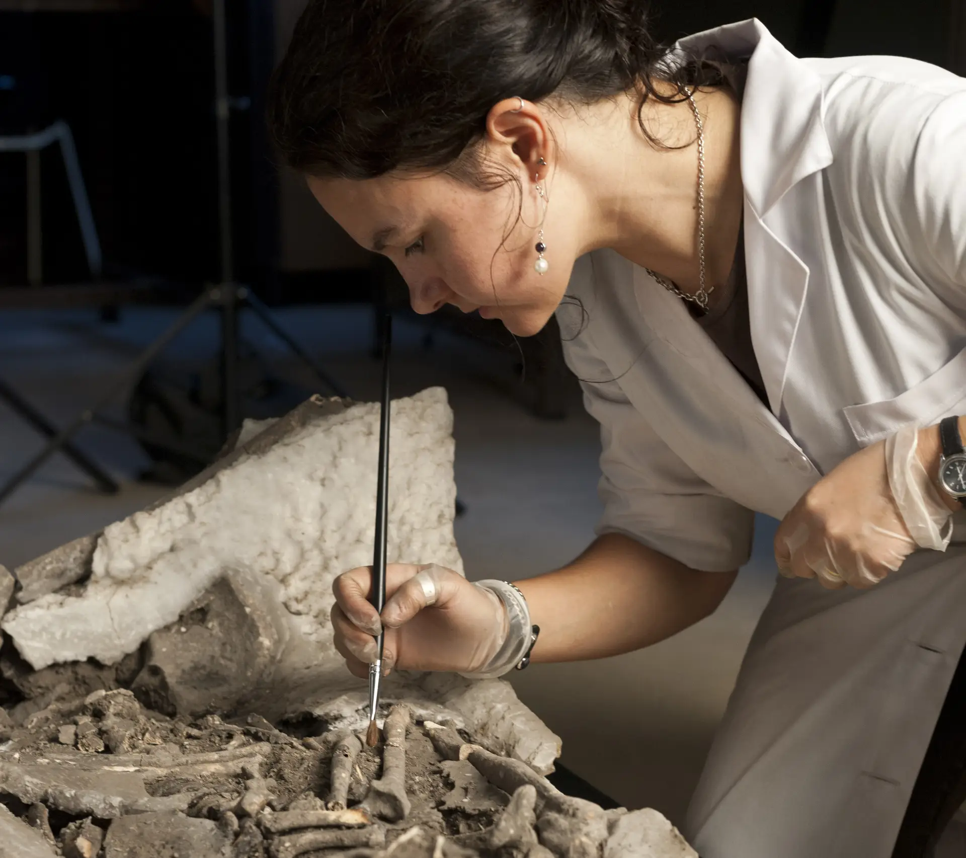 A investigadora Rita Peyroteo-Stjerna a trabalhar num dos esqueletos
