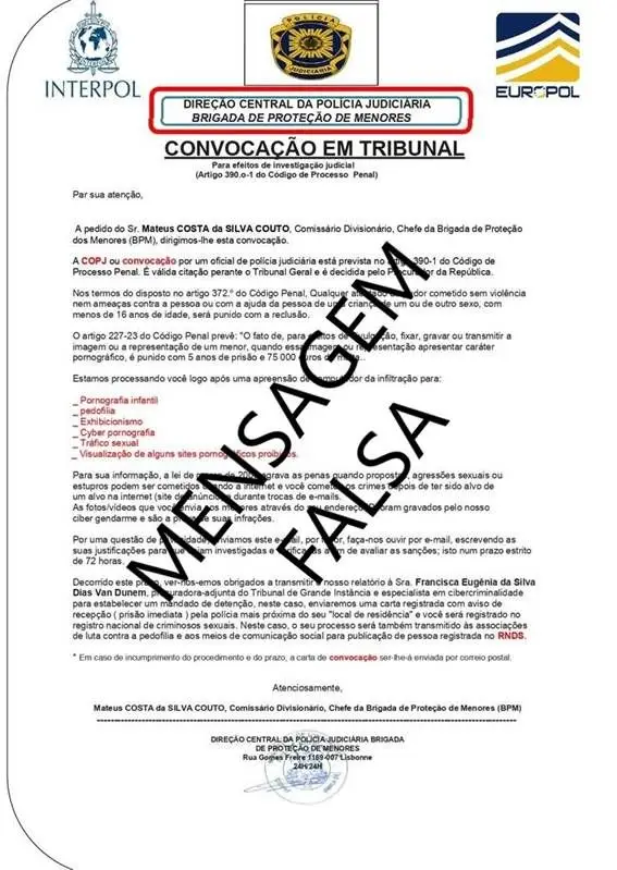Se recebeu um e-mail com uma convocação da Interpol, tenha cuidado: PJ diz que é fraude
