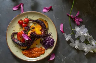 Polvo braseado com batata doce e abóbora