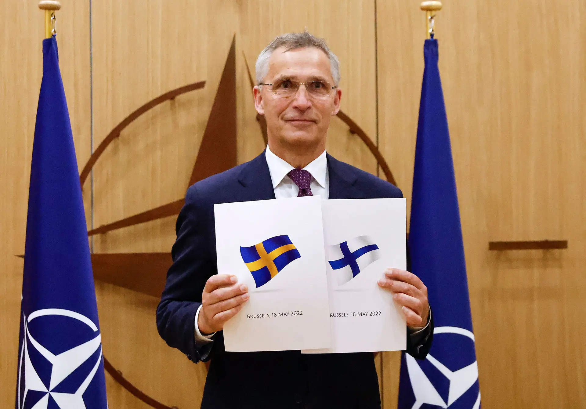 O secretário-geral da NATO, Jens Stoltenberg, durante a cerimónia que assinalou a candidatura de adesão da Suécia e da Finlândia, a 18 de maio de 2022