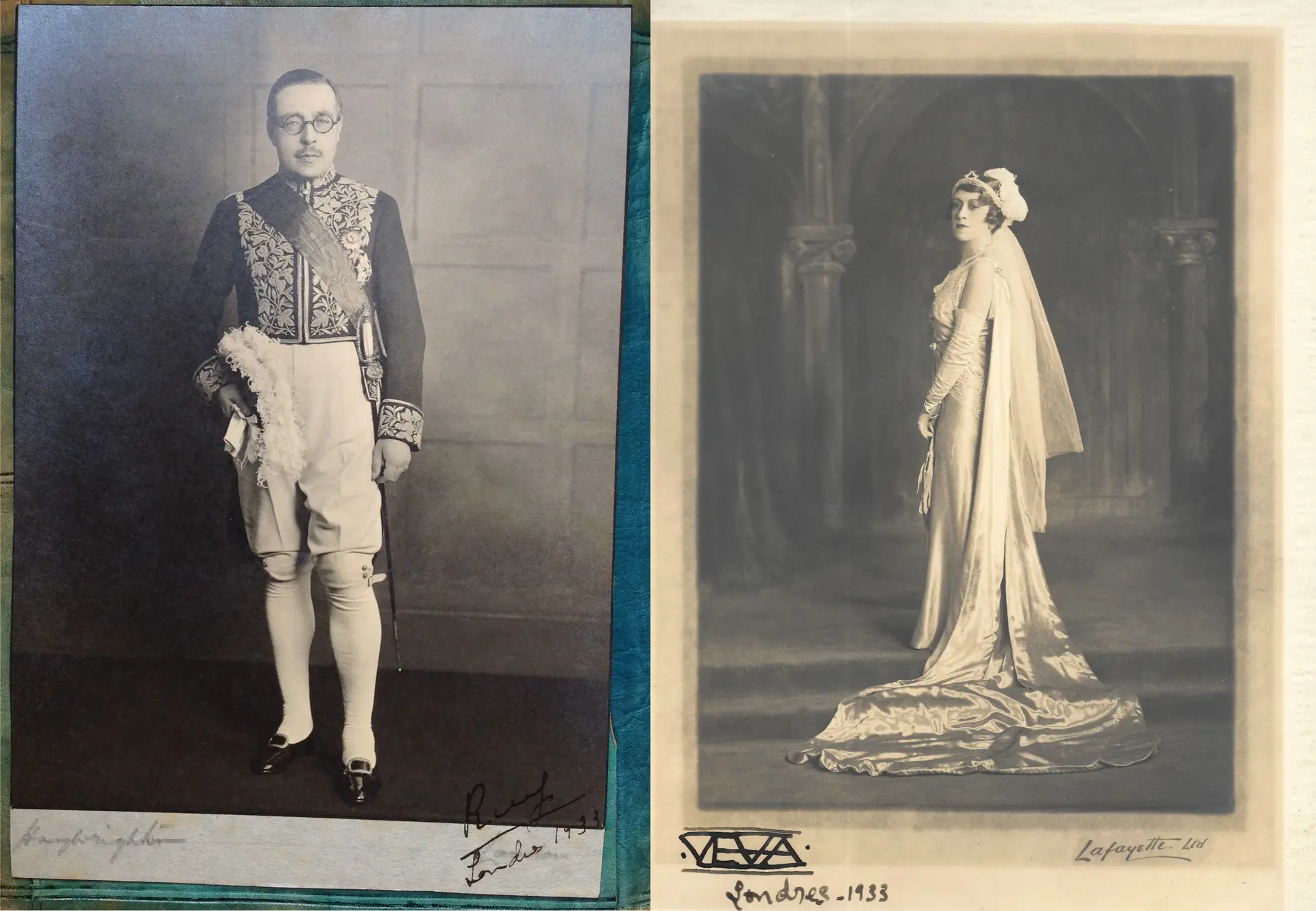 O casal Ulrich em imagens justapostas de 1933. A embaixatriz Genoveva surge no dia em que foi apresentada à rainha Maria no castelo de Windsor, usando o véu que distinguia as senhoras que estavam a ser apresentadas à sociedade
