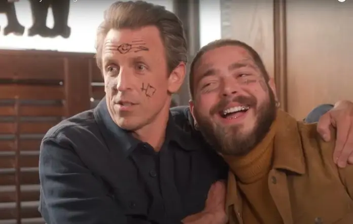 Post Malone foi beber copos com Seth Myers durante o dia e o resultado foi este