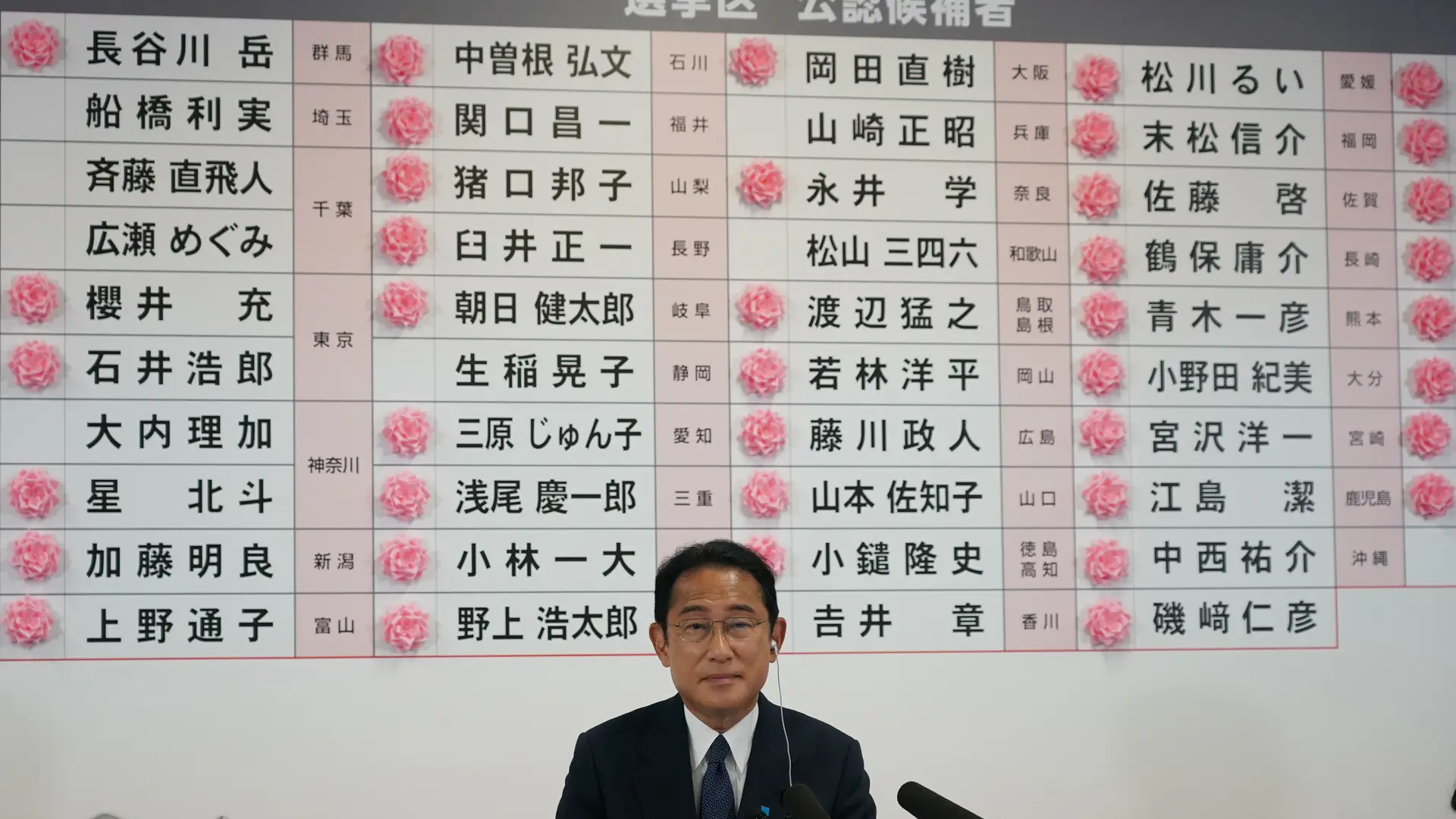 Na sede do Partido Liberal Democrático, em Tóquio, Fumio Kishida, primeiro-ministro e líder do partido, está junto a um quadro que assinala, com rosas de papel, os militantes eleitos para a câmara alta