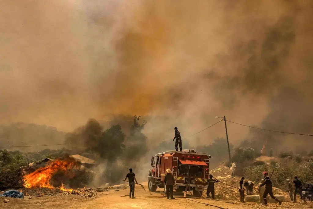 Bombeiros tentam extinguir um incêndio que assola uma zona florestal perto da cidade marroquina de Ksar el-Kebir, na região de Larache. Mais de 1000 hectares de área florestal foram afetados em apenas dois dias