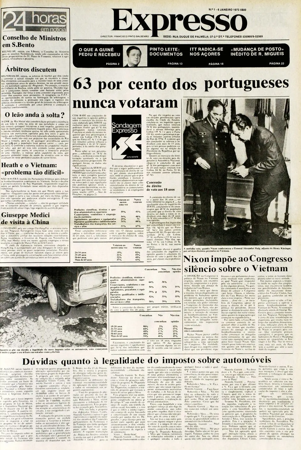 A primeira capa do Expresso, no dia 6 de janeiro de 1973