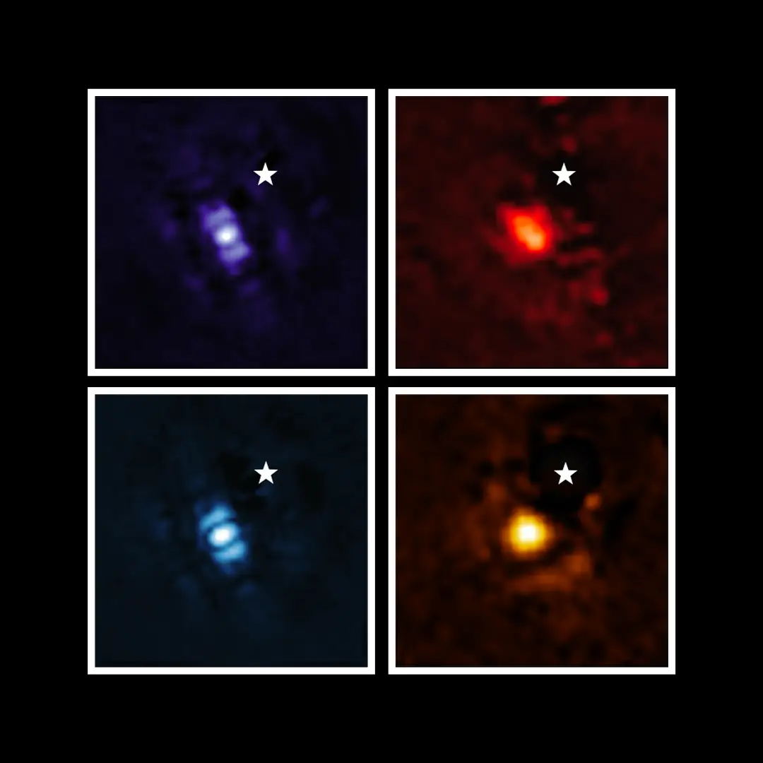 As imagens, com diferentes filtros de luz, captadas pelo telescópio espacial James Webb do exoplaneta HIP 65426 b