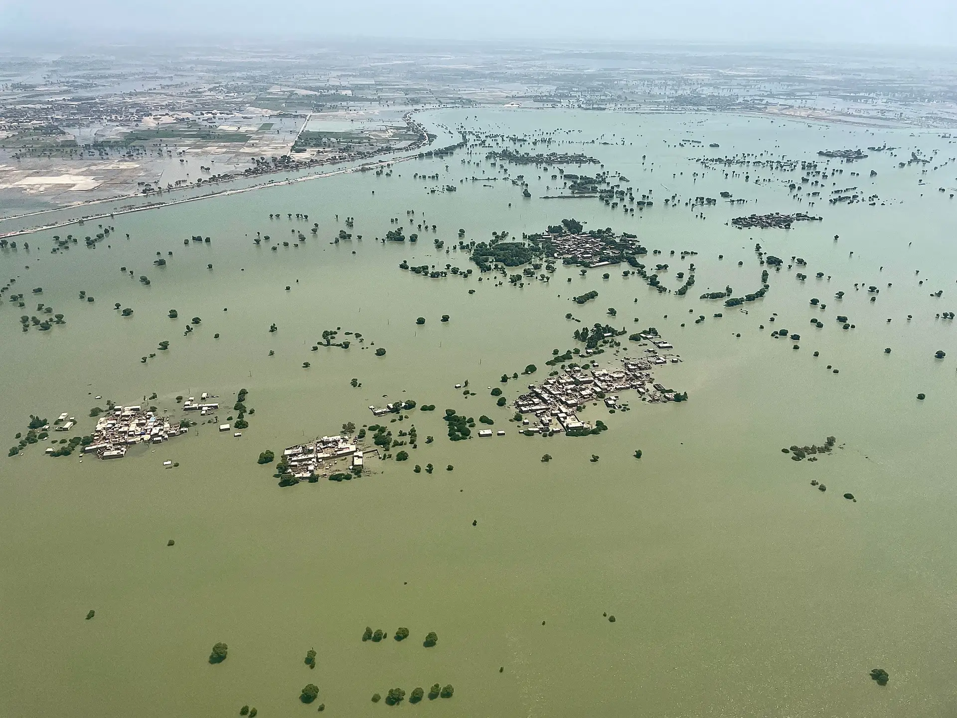 Água a perder de vista, na região de Dadu, província de Sindh (sul), uma das zonas mais gravemente atingidas