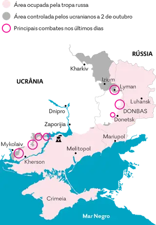 Com a conquista recente da cidade estratégica de Lyman, as tropas ucranianas estão mais perto de vencer noutras regiões separatistas russófonas localizados no Donbas. Infografia: Jaime Figueiredo