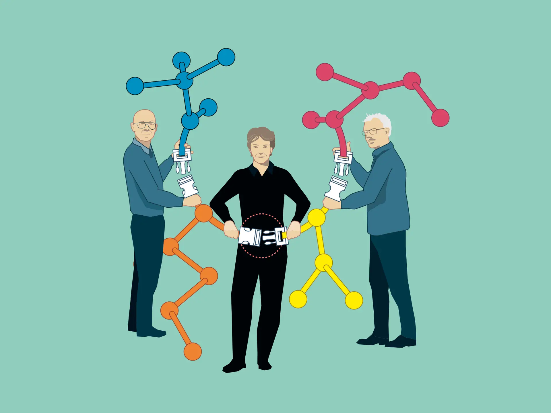 Ilustração da Academia das Ciências Sueca com os três laureados do Nobel da Química em 2022: à esquerda Barry Sharpless, no meio Carolyn Bertozzi, e à direita Morten Meldal