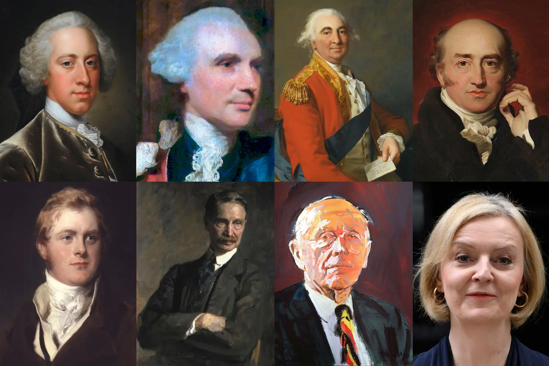 Na fila de cima (esq.-dir.): duque de Devonshire pintado por Thomas Hudson; conde de Bute pintado por Joshua Reynolds; conde de Shelburne pintado por Jean-Laurent Mosnier; George Canning pintado por Thomas Lawrence; fila de baixo: visconde de Goderich pintado por Thomas Lawrence; Andrew Bonar Law pintado por James Guthrie; Alec Douglas-Home pintado por Henry Mee; foto de Liz Truss