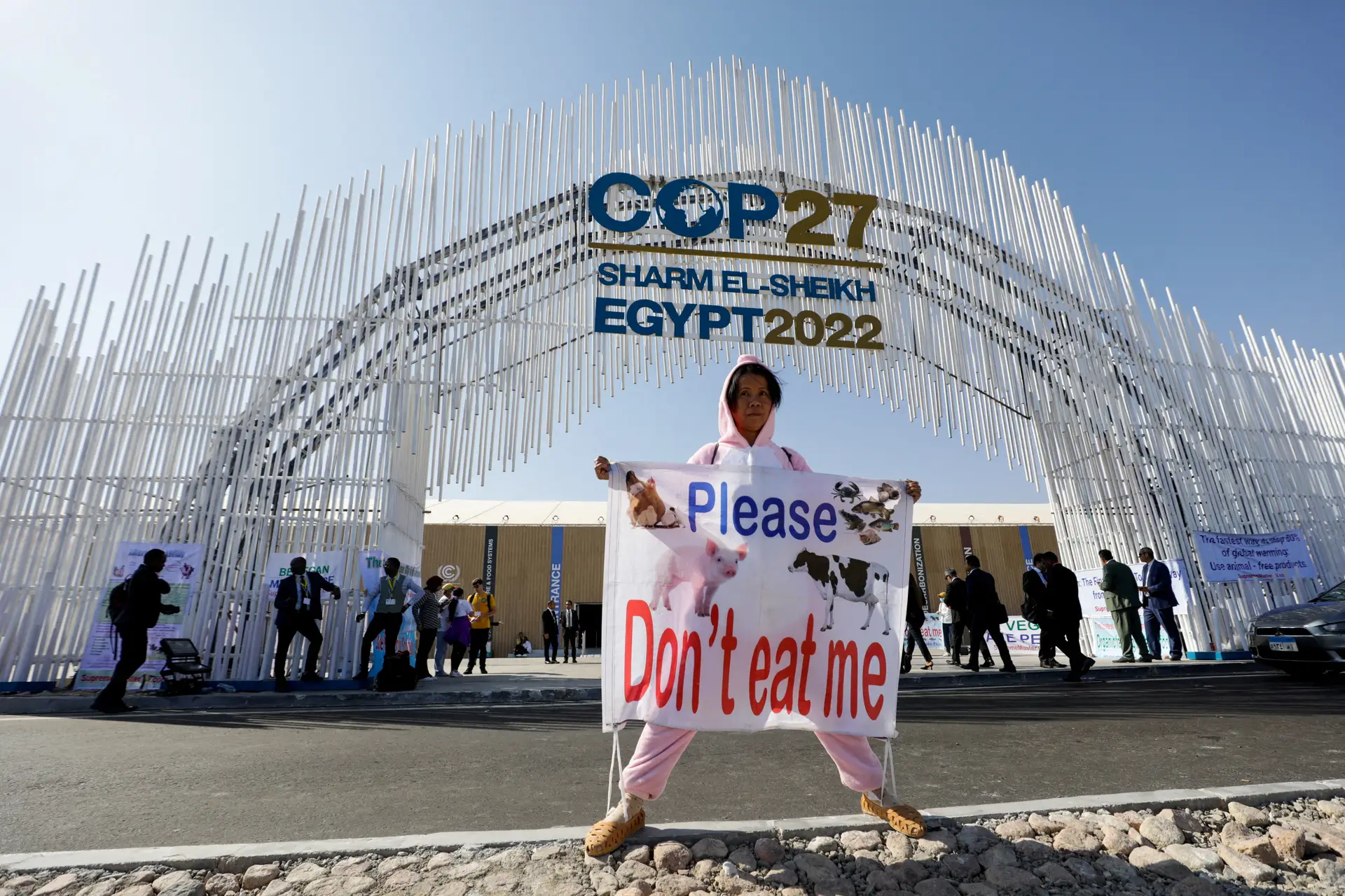 Uma ativista segura um cartaz onde se lê "Por favor não me comam", apelando ao não consumo de carne ou peixe, à entrada do centro de conferências