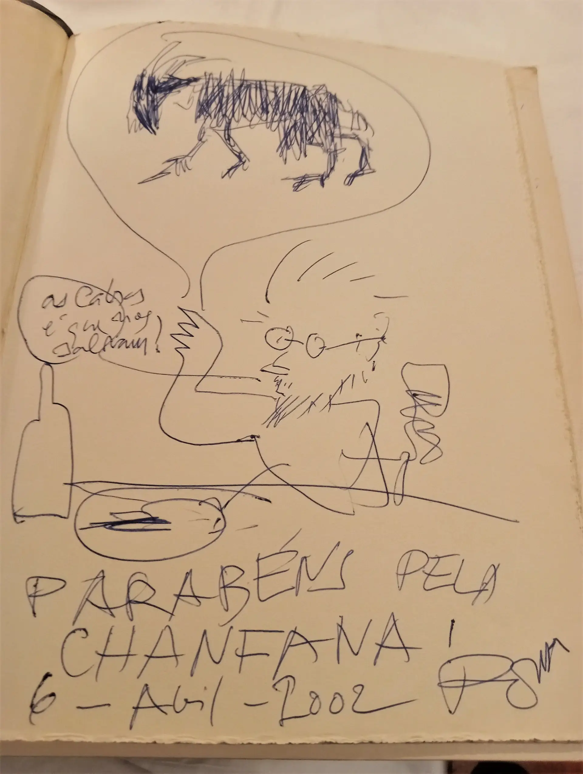 Desenho de Júlio Pomar, com a frase: "As cabras é que nos salvam", depois de ter comido Chanfana