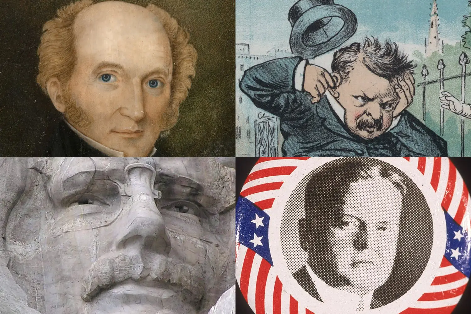 A partir do canto superior esquerdo, no sentido dos ponteiros do relógio: Martin Van Buren numa pintura de autor anónimo (1837); Grover Cleveland numa caricatura de Frank Beard publicada na revista “The Judge” em 1884; efígie de Theodore Roosevelt no monumento do monte Rushmore; material da campanha presidencial de Herbert Hoover em 1928