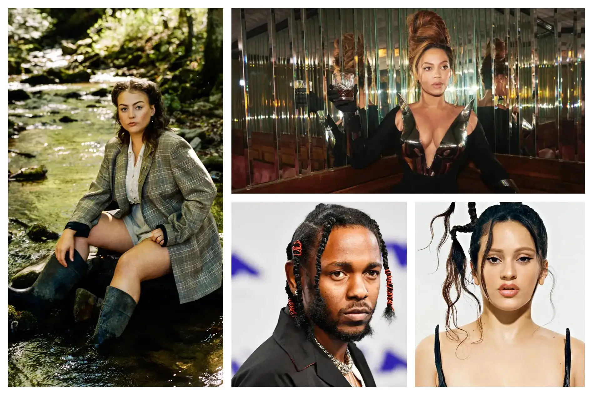 Angel Olsen (esqª), Beyoncé (em cima), Kendrick Lamar e Rosalía (em baixo)