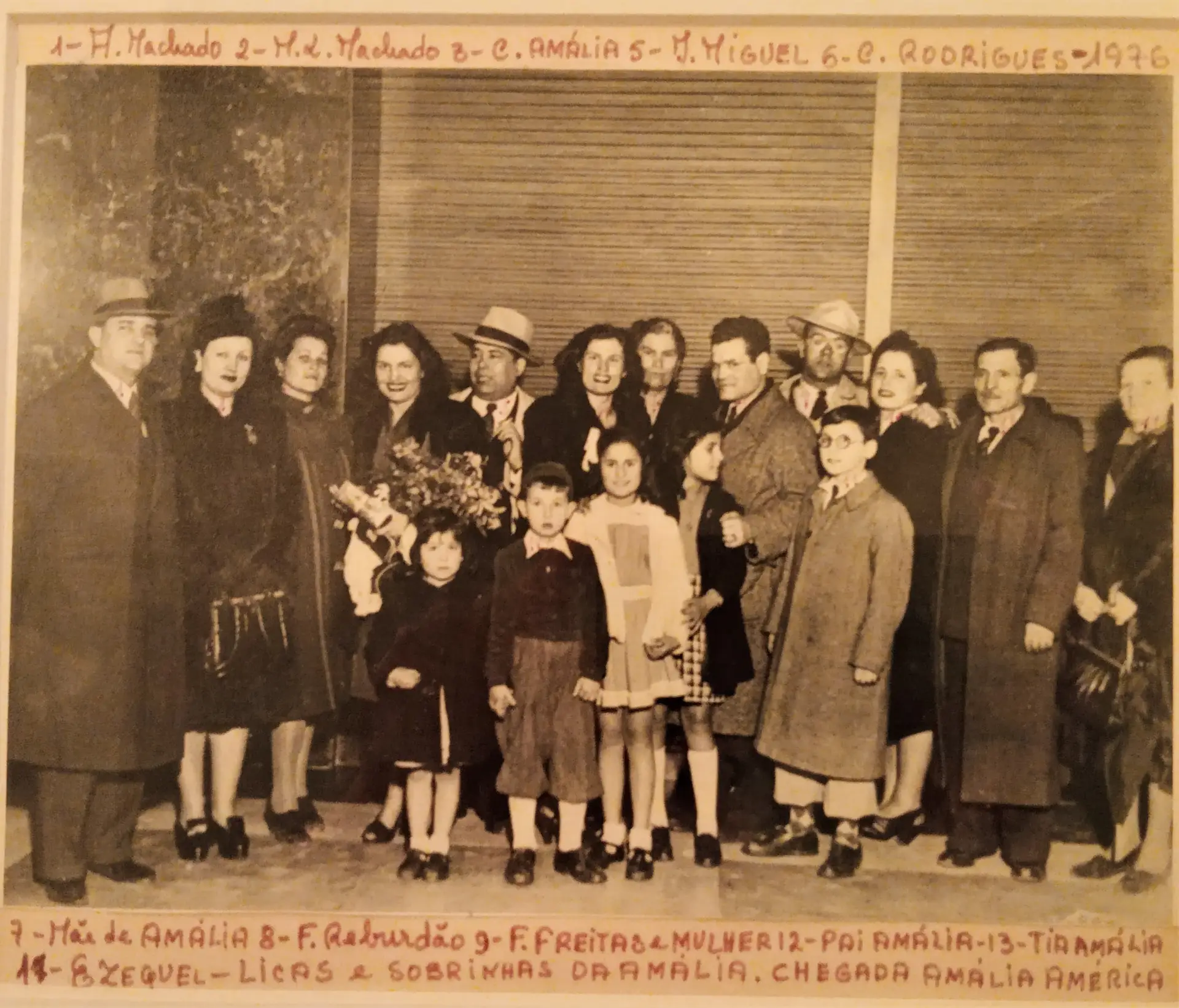Foto antiga com elementos da família Machado, Amália Rodrigues e da família Rebordão