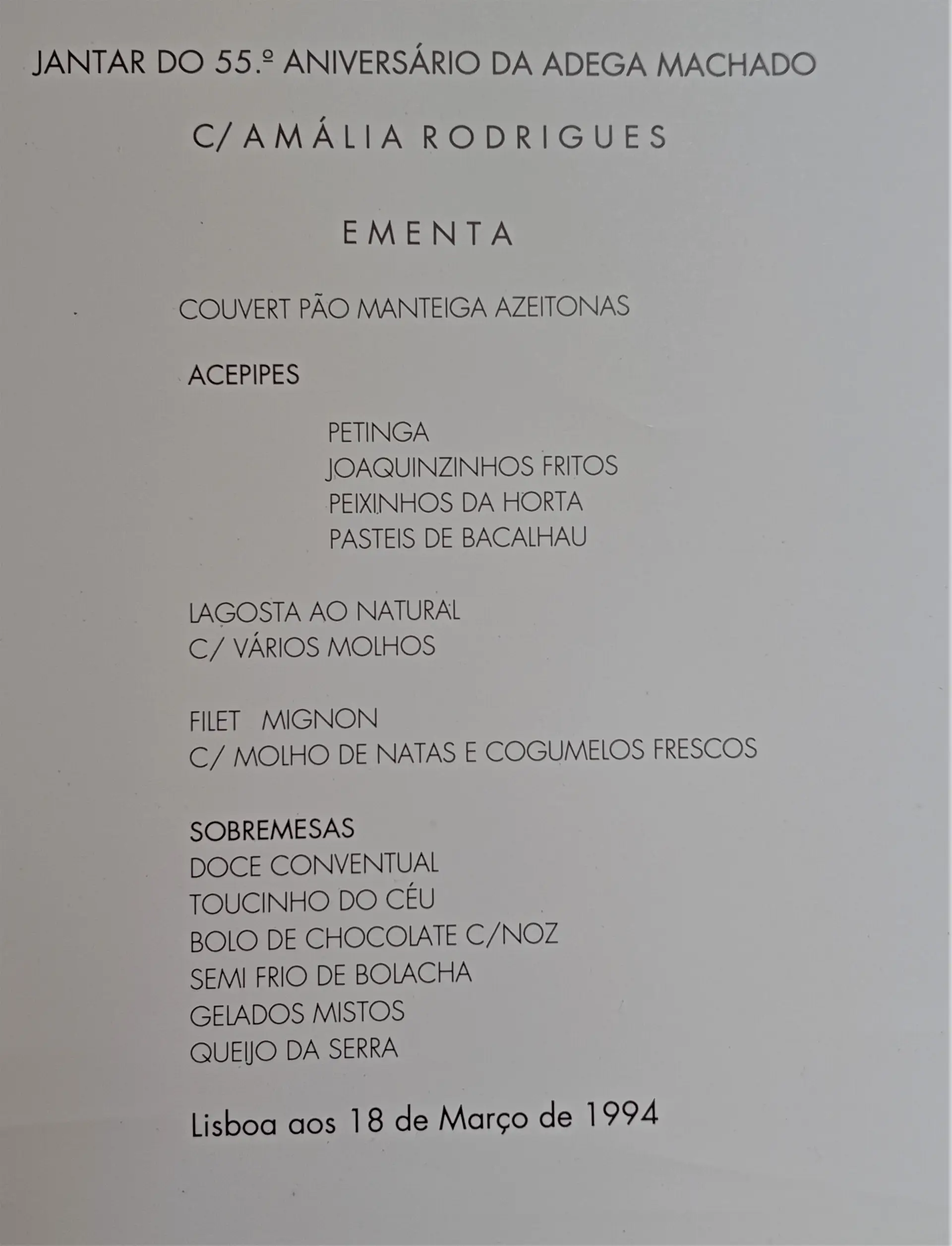 Menu do jantar do 55º aniversário da Adega Machado, com Amália Rodrigues, em 1994