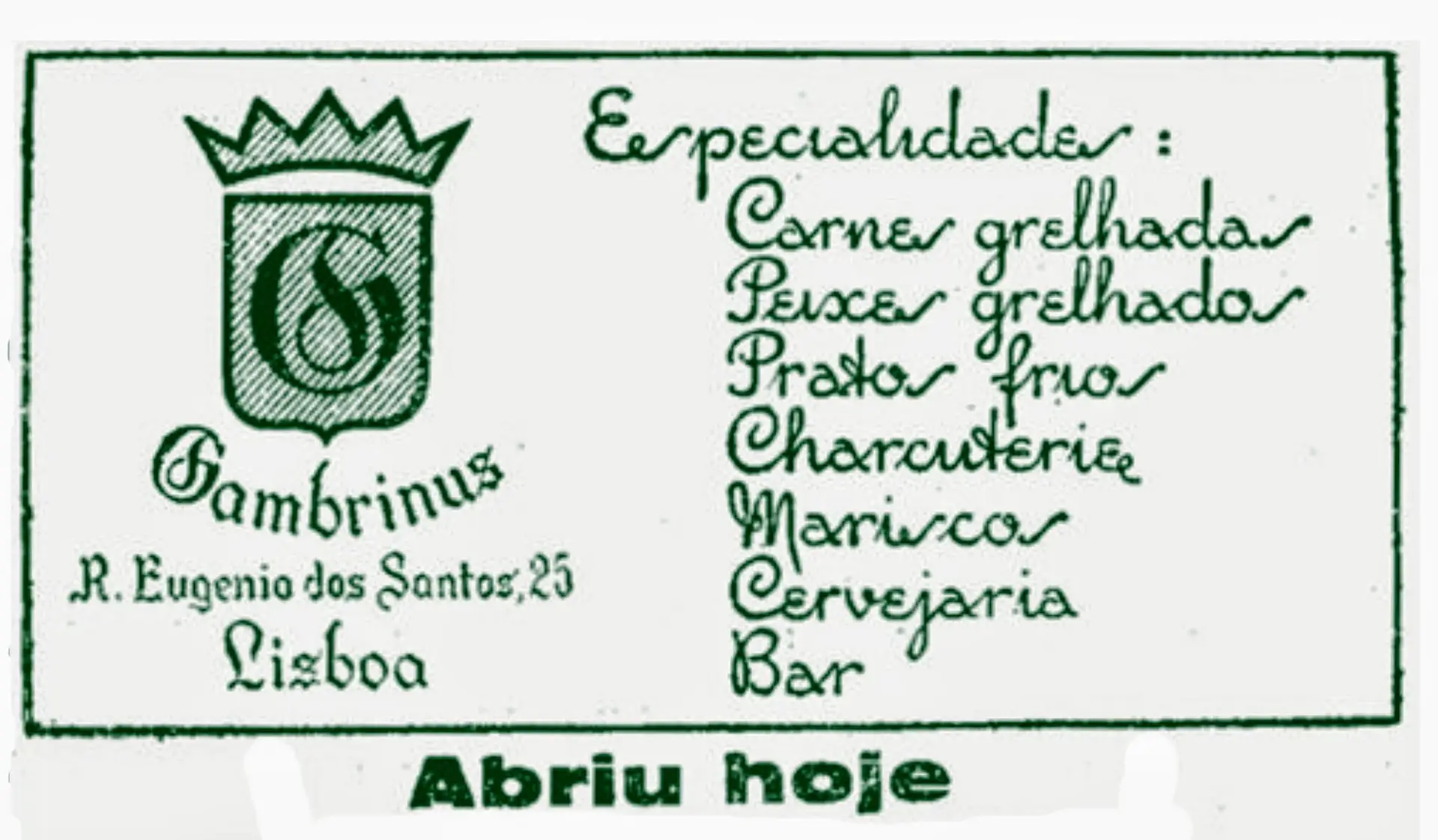 Anúncio no ano de abertura do Gambrinus, em 1936, com as especialidades. À época, a Rua das Portas de Santo Antão também tinha nome diferente