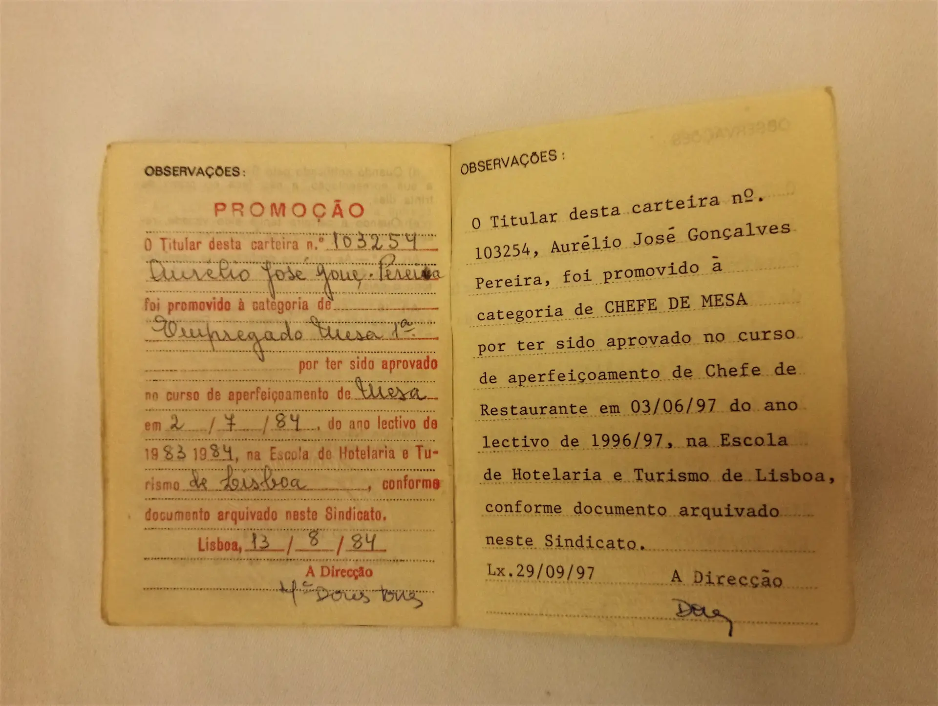 Carteira Profissional de Aurélio Pereira, datada de 1984