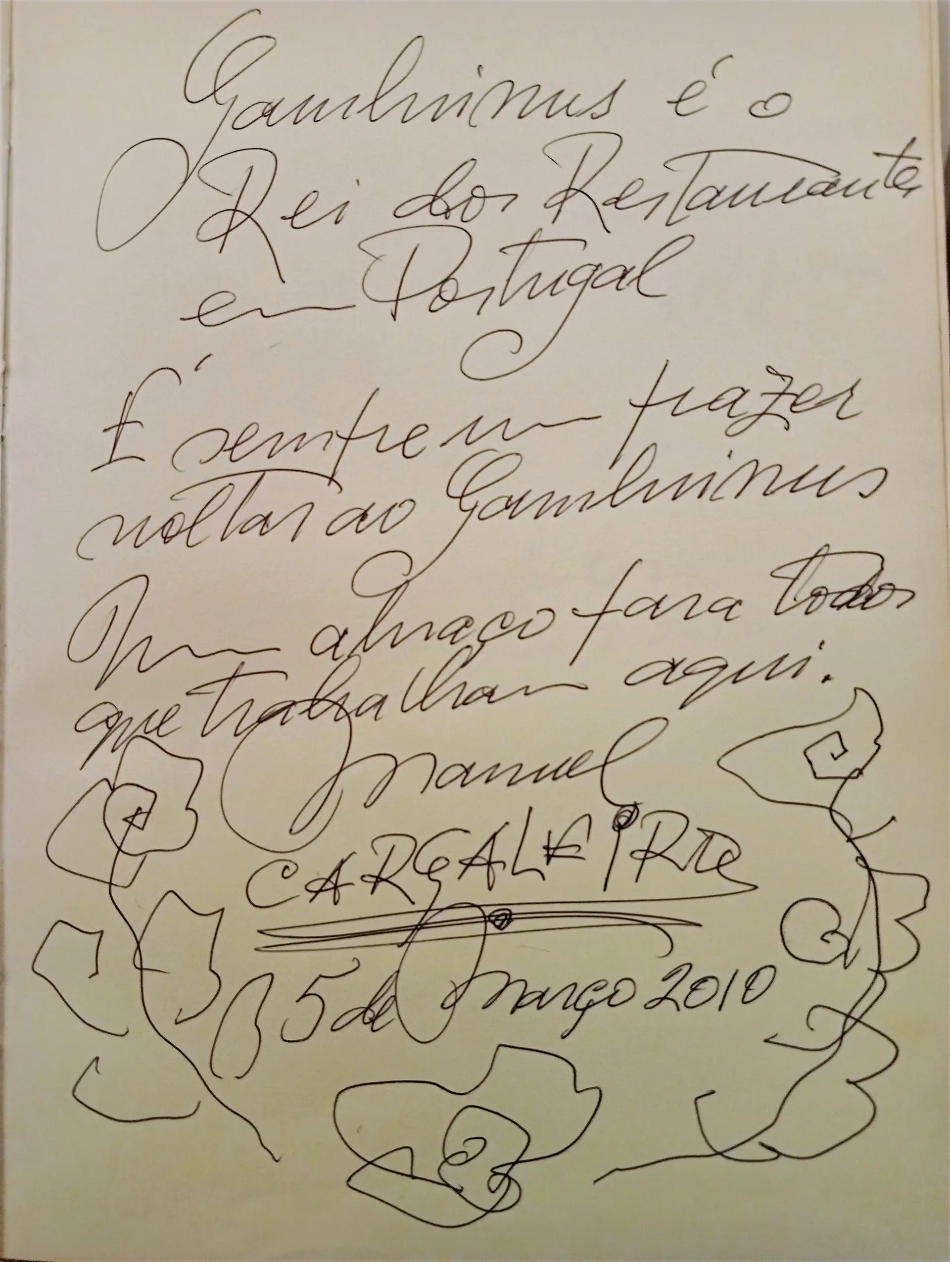 Dedicatória de Manuel Cargaleiro: Gambrinus é o rei dos restaurantes em Portugal